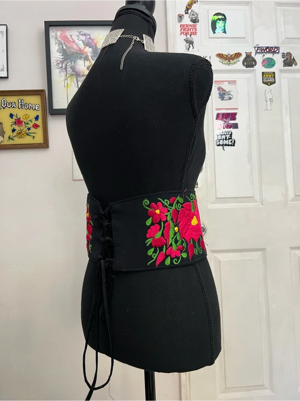 Embroidered Floral Waist Belt in Black with Pink & Green
